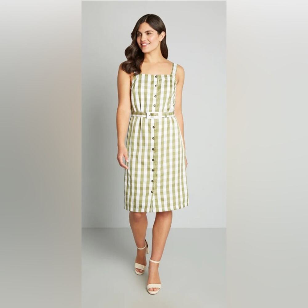 Modcloth Olive Green/White Gingham Belted Button Up Sleeveless Dress Size Medium